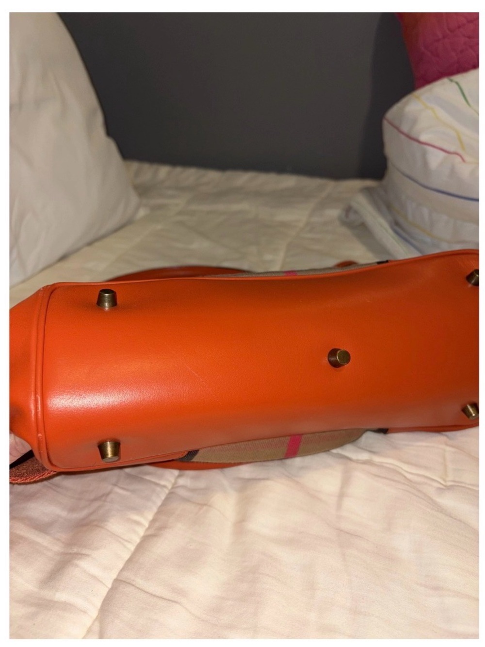 Burberry Nova Check Orange Leather Trim Canvas Tote Shoulder Bag Brass Hardware - Picture 9 of 13